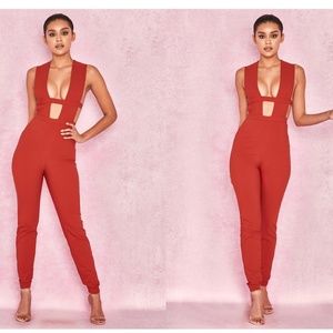 House Of CB, 'Alexis' Rust Extreme Plunge Crepe Jumpsuit